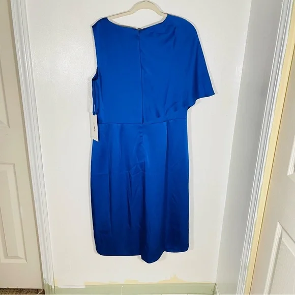 NWT Theia Candace Faux Wrap Cocktail Dress Blue Satin - Picture 7 of 9